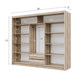 SALWADOR 250cm Sliding Door Wardrobe Oak Canyon + White + Mirror